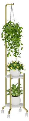 Zdjęcie produktu dla Stojak na rośliny do wnętrz, dwupoziomowy, wiszący, na kółkach, metalowa konstrukcja
