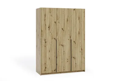 Produktbild von Kleiderschrank BENTON 3-türig, Garderobenschrank 148 cm, Schlafzimmerschrank mit 2 Kleiderstangen, Moderner Drehtürenschrank, Eiche Artisan