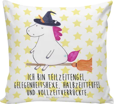 Produktbild von Mr. & Mrs. Panda Deko Kissen Einhorn Hexe - Weiß - Geschenk, Unicorn, Freundin, Engel, Polster, Sofakissen, kuschelkissen 40x40, Teufel, Frau, zier, Sofa