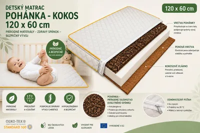 Obrázok produktu pre Babymatratze 120x60 cm Buchweizen Kokos – Orthopädische Kindermatratze aus Schaumstoff, Atmungsaktiv, Waschbarer Bezug, Wendematratze, 10 cm Höhe, productTiles.product.images.aiGenerated