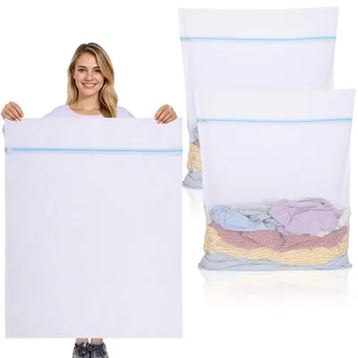 Zdjęcie produktu dla Duża siatka do prania, 90 x 110 cm, 2 sztuki, przeznaczona do pralki. Duży worek do prania z ukrytym zamkiem błyskawicznym