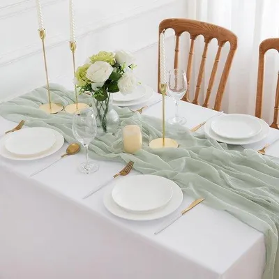 Immagine prodotto di 4 runner da tavola verdi - 300 x 81 cm - Decorazioni da tavola in mussola - Tessuto di garza boho verde - Runner da tavola rustici - Tovaglietta per formaggi lavabile - Matrimonio, compleanno, festa