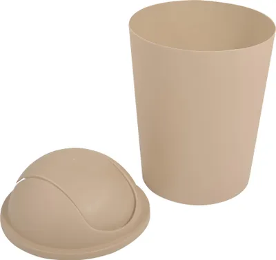 A beige trash can with a lid, shown on a white background.