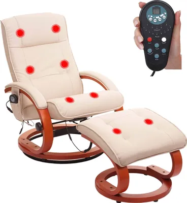 A massage recliner chair and ottoman with red dots indicating massage points, and a remote control held in a hand.