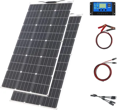 Imagen del producto de Kit de paneles solares flexibles de 200W con regulador de carga de 20A y módulos monocristalinos, ideal para autocaravanas y barcos