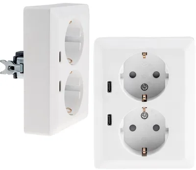 Obrázek produktu pro Dvojitá zásuvka MILOS s ochranným kontaktem, 250 V/16 A, 1x zapuštěná, 2x USB-C/PD, matná bílá