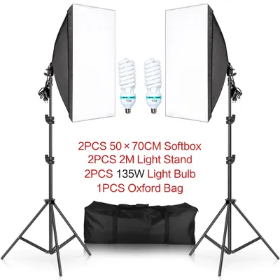 Produktbild von Fotografie Softbox Beleuchtungsset, verstellbarer 2M Lichtständer, inklusive Oxford-Tasche, 135W Glühbirnen