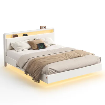 Produktbild von VASAGLE Bettgestell, Doppelbettgestell, 160 x 200 cm, schwebender visueller Effekt, Bett mit LED-Beleuchtung, hohem Kopfteil, Ladestation, modern