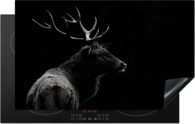 Produktbild von KitchenYeah© Herdabdeckplatte Hirsch - Schwarz - Porträt - Geweih - Tiere , 83x51cm, Küche Deko, Glaskeramikkochfeld Herdabdeckung, Abdeckplatte fùr Kochfeld