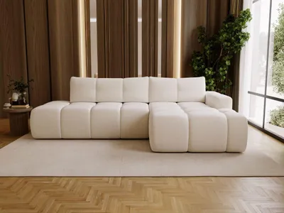 Produktbild von GrainGold Ecksofa L-Form Montero Rechts - Ecksofa mit Schlaffunktion, Bettkasten - Moderne Ecksofa, Wohnzimmer Sofa - Eckcouch mit Bouclé-Stoff - Weiß