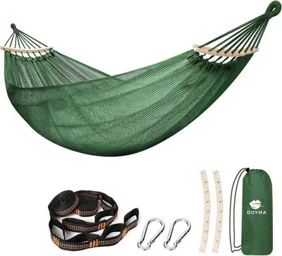 Produktbild von Atmungsaktive Stoff-Hängematte mit Stange – tragbar und langlebig – bis zu 204 kg – mit Reisetasche – für Garten und Terrasse