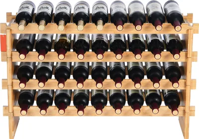 Obrázek produktu pro SucceBuy čtyřpatrový stohovatelný modulární stojan na víno na 36 lahví, přírodní barva. Tento volně stojící regál z masivního bambusového dřeva nabízí stabilní skladování a prezentaci