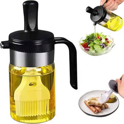 Produktbild von 2-in-1-Ölspenderflasche mit Silikonbürste zum Kochen in der Küche, Essig, Saucen, Grillen, Salate, Braten – 200 ml, auslaufsicher,Schwarz