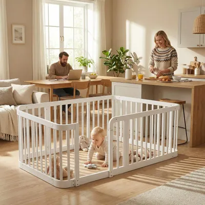 Produktbild von Laufgitter 140x200 cm Baby Laufstall aus Holzwerkstoff, Modulares Absperrgitter mit 7cm Stababstand, Abgerundete Kanten & Klemmschutz, stabil, Weiß