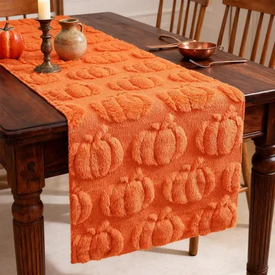 Produktbild von Tischläufer Kürbis Herbstdeko Orange 33x183 cm Plüsch Samt