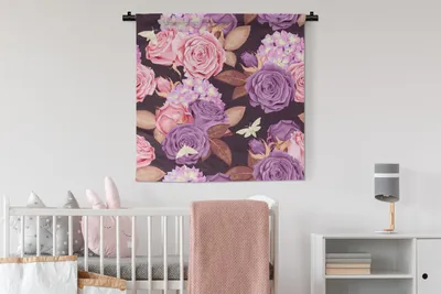 Produktbild von MuchoWow® Wandteppich Wandbehang Blumen - Schmetterlinge - Rosa - Lila 90x90 cm Tapisserie Dekoration Wandtuch - Wandaufhänger