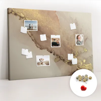Imagen del producto de Tablero de corcho con chinchetas - Panel con chinchetas para fotografías y notas - 140x100 cm - 100 chinchetas metálicas - Diseño de mármol dorado