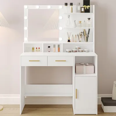 Produktbild von Schminktisch mit Spiegel und 10 LED-Beleuchtung, 2 Schubladen, 1 Schrank, 3 Ablagen, 4 Fächer, Weiß