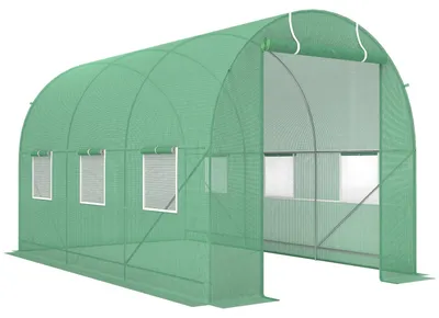 Produktbild von Foliengewächshaus 350 x 200 x 200 cm Tomatenhaus mit 6 Fenstern Rolltür Stahlrohr PE-Folie Bogendach Erdanker Grün