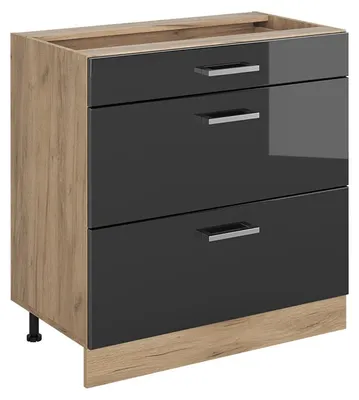 Imagen del producto de Mueble bajo de cocina Vicco R-Line Antracita alto brillo/Roble dorado 80 cm con 3 cajones sin encimera, Model 72423