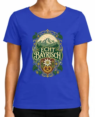 Imagen del producto de Camiseta de mujer, color azul, talla XL, con motivos de los Alpes bávaros, edelweiss, pretzel, y diseño tradicional (trachten). Pantalones de cuero (lederhosen) también disponibles