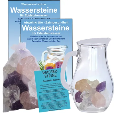 Produktbild von Edelstein Wasser Grundmischung 5-tlg Set. Amethyst + Bergkristall + Rosenquarz zum Wasser energetisieren+ 1 Liter Glaskrug + Beschreibung