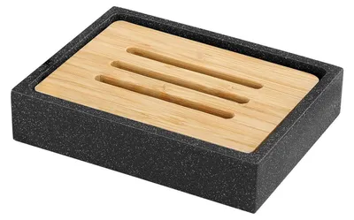 Obrázok produktu pre Miska na mydlo s držiakom z bambusu, obdĺžnikový tvar, materiál: živica a mramor, farba: čierna, rozmer: 12 x 8,8 x 2,1 cm