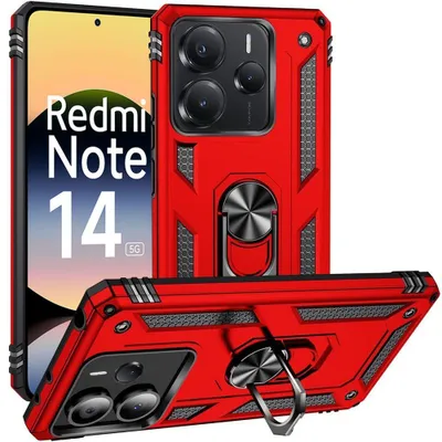 Image de Coque pour Xiaomi Redmi Note 14 5G (pas pour 4G) Protection Rigide Antichoc avec Anneau Arrière - Rouge