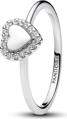 A silver ring with a heart-shaped centerpiece surrounded by small clear stones, presented on a white background.