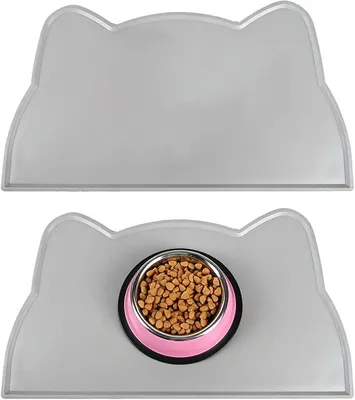 Produktbild von PolkaHome® 2er Set Silikon Futtermatte Katzenform Antirutsch Unterlage für Katzen und Hunde, Wasserdicht, Spülmaschinenfest, Grau, 46x25