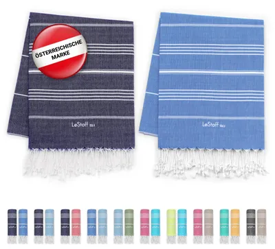 Immagine prodotto di Set di 2 asciugamani per il bagno turco, in cotone organico, blu scuro/blu chiaro