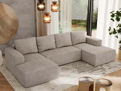 Produktbild von MKS MEBLE Sofa mit Schlaffunktion - Ecksofa mit Schlaffunktion und Bettkasten - Sofa 5 Sitzer - Schlafsofa - Couch - Schlafsofa mit Bettkasten - Trentino U - Beige Struktur