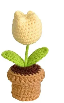 Produktbild von Häkelblumen - Gehäkelte Tulpen - Handgemachte Kunstblumen - Häkelblumenstrauß - 5 x 13 cm - Gelb - für Zuhause, Büro, Auto und als Geschenk