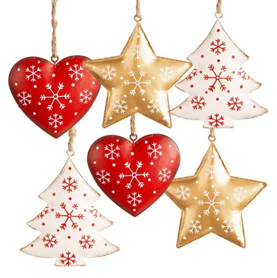 Produktbild von 6 große Weihnachtsbaumanhänger - aus Metall rot Gold weiß 5-9 cm