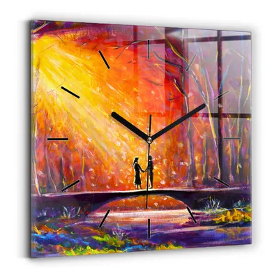 Obrázok produktu pre Wallfluent Hodiny - Sklenené Nástenné Hodiny - Tichý Quartz Strojček - Nástenná Dekorácia Spálňa Kuchyň - Čierna Ruky - 30x30 cm - Pärchen v lese