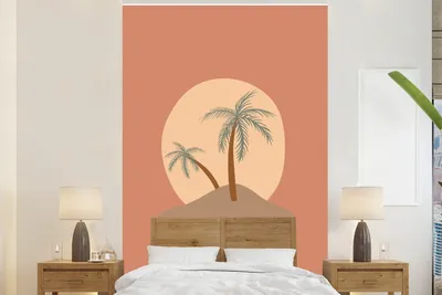 Produktbild von MuchoWow® Fototapete für Wohnzimmer oder Schlafzimmer Wandtapete Vinyl Motivtapete Palme - Pastell - Rot - Sonne - 225x350 cm - Schlafzimmer tapete