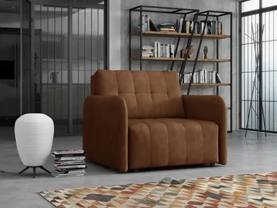 A brown armchair is shown in a modern living room setting with a bookshelf in the background.