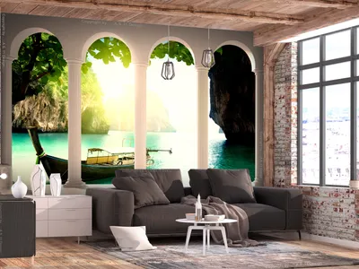 Produktbild von Vlies Fototapete Paradies 400x280 cm Tapeten Wandtapete XXL Meer See Laguna Landschaft Boot grün Natur c-C-0456-a-a