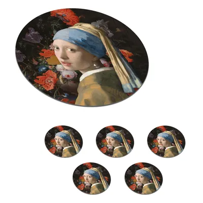 Obrázok produktu pre KitchenYeah® Podložky pod sklo Okrúhla sada 6 ks Dievča s perlovou náušnicou - Vermeer - Kvety 10x10 cm Podložky pod poháre - Podložky pod nápoje - Chrániče na stôl - Podložky pod poháre