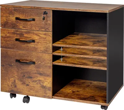 Produktbild von Relaxdays Rollcontainer, 3 Schubladen, 2 Fächer, Hängeregister, HxBxT: 66x80x40 cm, abschließbar, Büro, braun/schwarz