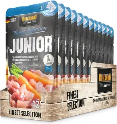A display box filled with multiple pouches of dog food.