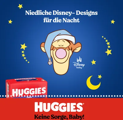 A marketing image for Huggies diapers featuring Disney characters and stars on a blue background.
