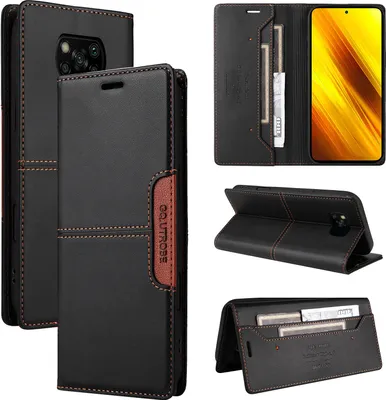 Obrázek produktu pro Pouzdro pro Xiaomi Poco X3 NFC/Poco X3 Pro, kožené flipové peněženkové pouzdro s přihrádkou na karty a stojánkem Černý