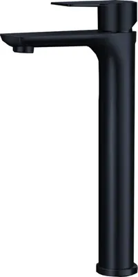 A black bathroom faucet on a white background.