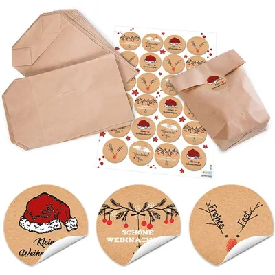 Produktbild von 24 kleine natürliche braune Papier-Tüten natur Kraftpapier 14 x 22 x 5,6 cm + 1 bis 24 Zahlen weihnachtliche Aufkleber STERNE beige schwarz weiß basteln befüllen Adventskalender  Beutel SETWeihnachtsgrüße braun, rot, weiß
