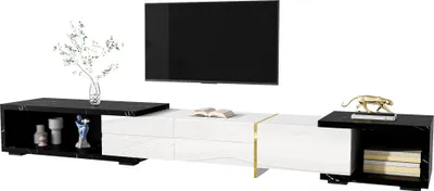 Zdjęcie produktu dla Szafka pod TV Fortuna Lai z regulowaną długością (140-260 cm) - 3 składane drzwi - wygląd czarnego marmuru - biało-czarna