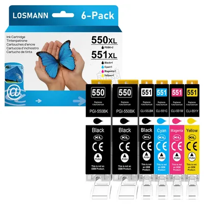 Obrázok produktu pre LOSMANN 550 551 XL, kompatibilné kazety pre tlačiarne Canon PGI-550 XL CLI-551 XL, vhodné pre modely Pixma MX725, MX925, MX920, MG5650, MG5550, MG6650, iP7250, iX6850, iP7200, MG5400, MG6350, MG6450, MG5450, MG7150, MG7500 (balenie 6 ks)