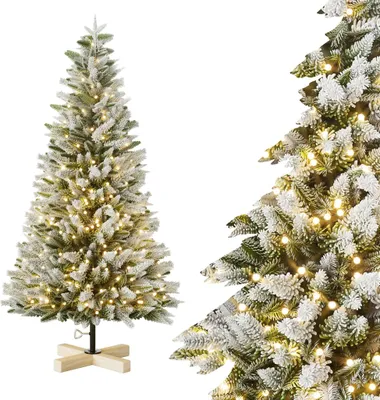 Productafbeelding van JOIEYOU kunstkerstboom, 150 cm, met PVC- en PE-punten. Kerstboom met sneeuwvlokken, metalen voet en LED-verlichting. Snel op te zetten voor Kerstmis, Halloween of een bruiloft