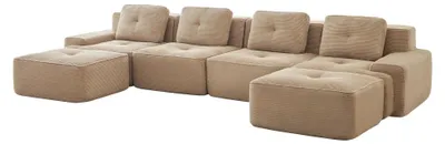Zdjęcie produktu dla Modułowa sofa dla 4 osób - sofa w kształcie litery "U" do salonu - obita tkaniną corduroy - miękka tapicerka - antypoślizgowa konstrukcja - kolor beżowy