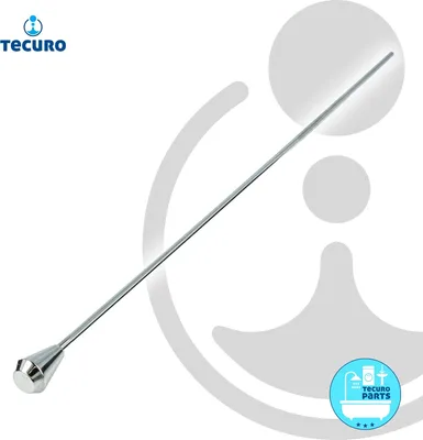 A product shot of a chrome drain rod with a conical end, set against a white and light gray background with abstract shapes.